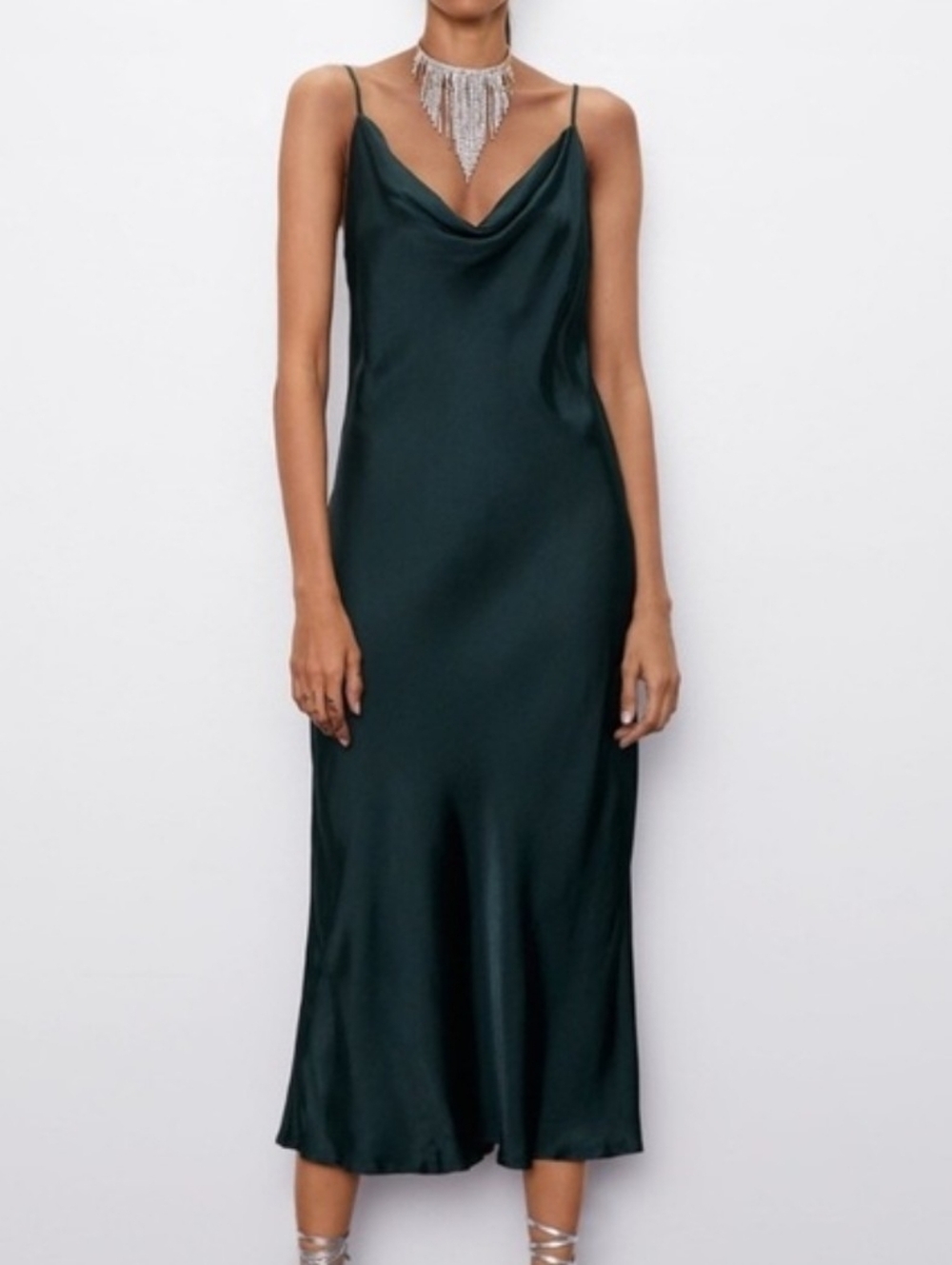 Zara satin cowl neck forest green midi slip dress